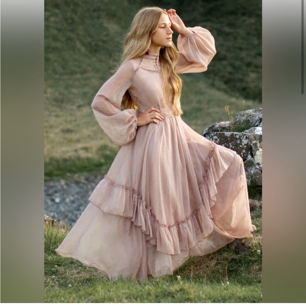 Joyfolie Pink Tiered Ruffled Gown with Bishop Sleeves